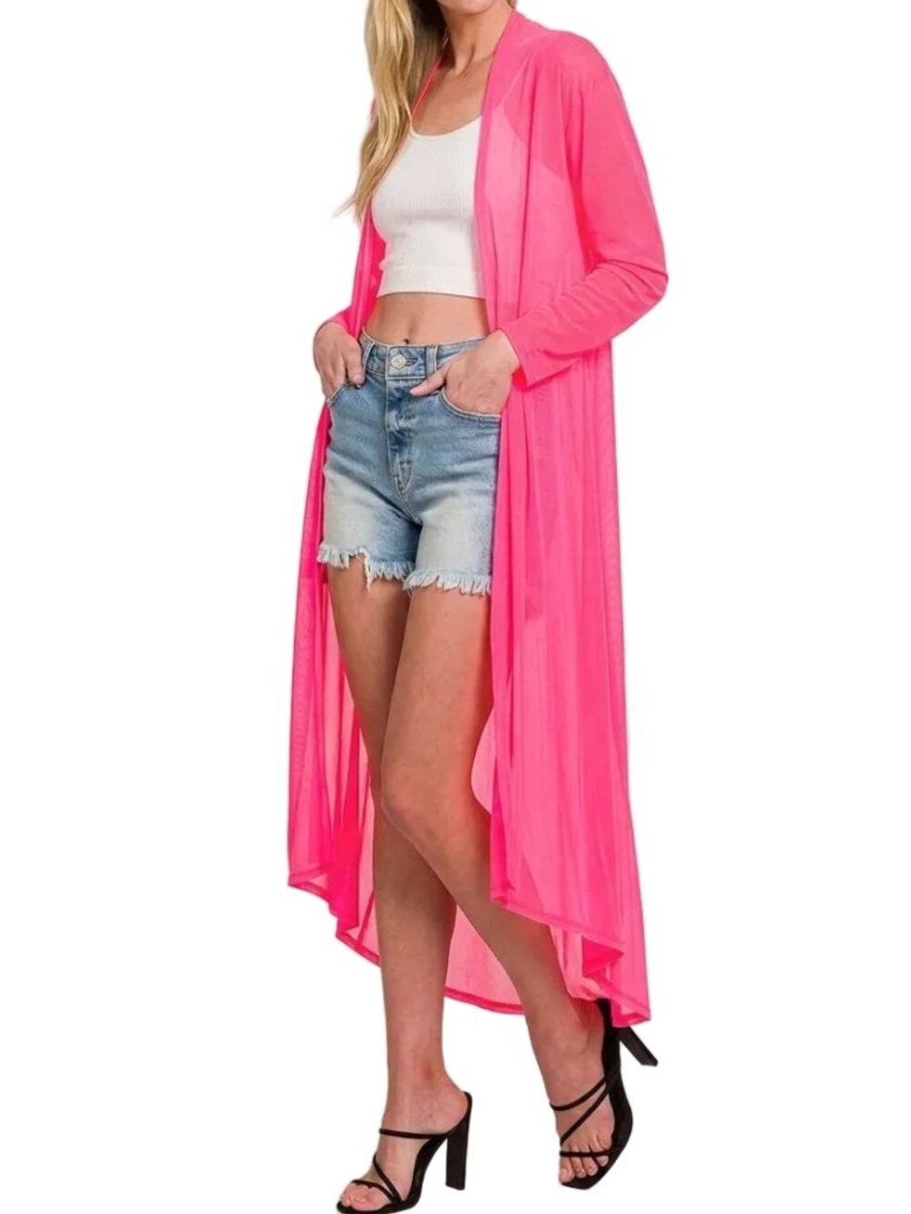 Zenana Sheer Mesh Open Front Long Sleeve Lightweight Jacket Longline Cardigan Pi - Picture 7 of 7